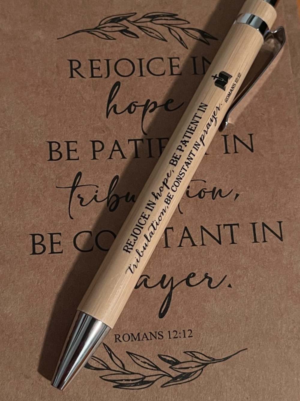 Christian Mini Spiral Notebook & Matching Bamboo Pen | Romans 12:12 | New - Picture 5 of 6